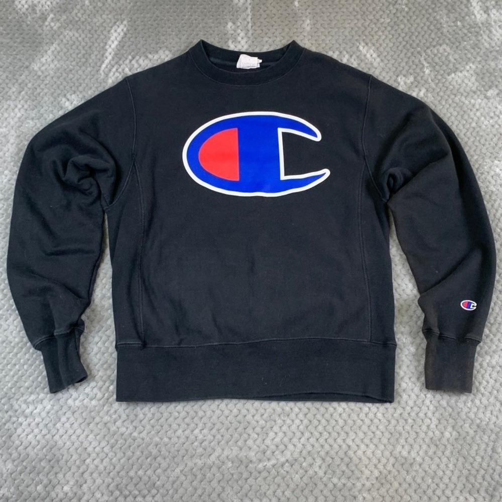 Champion‎ Reverse Weave Sweatshirt Mens Small Black Big C Script Logo